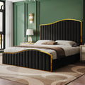 AMERLIFE Queen Size Bed Frame with 61.4' Tall Headboard, Velvet Upholstered Platform Bed with Gold Trim & Footboard, Wooden Slat Support, No Box Spring Needed, Black