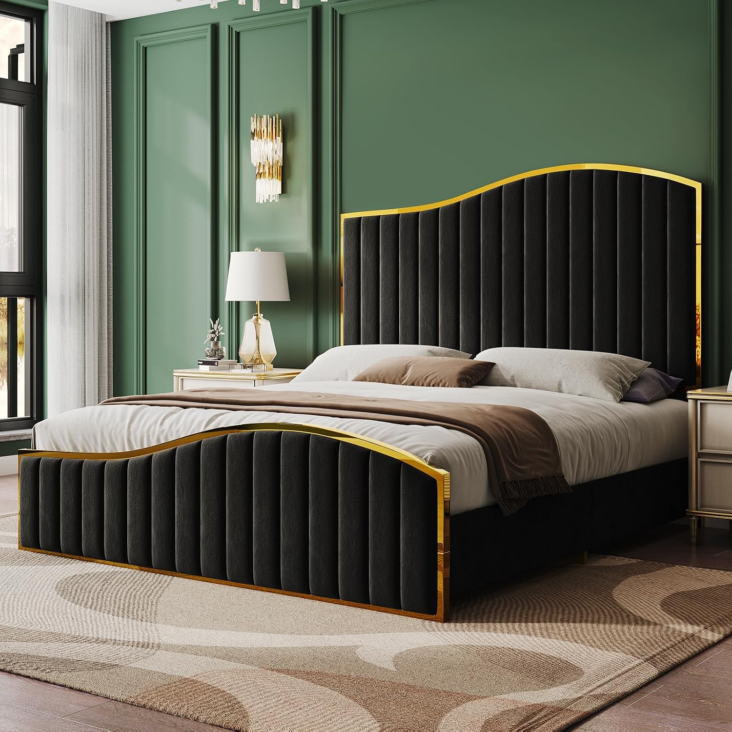 AMERLIFE Queen Size Bed Frame with 61.4' Tall Headboard, Velvet Upholstered Platform Bed with Gold Trim & Footboard, Wooden Slat Support, No Box Spring Needed, Black