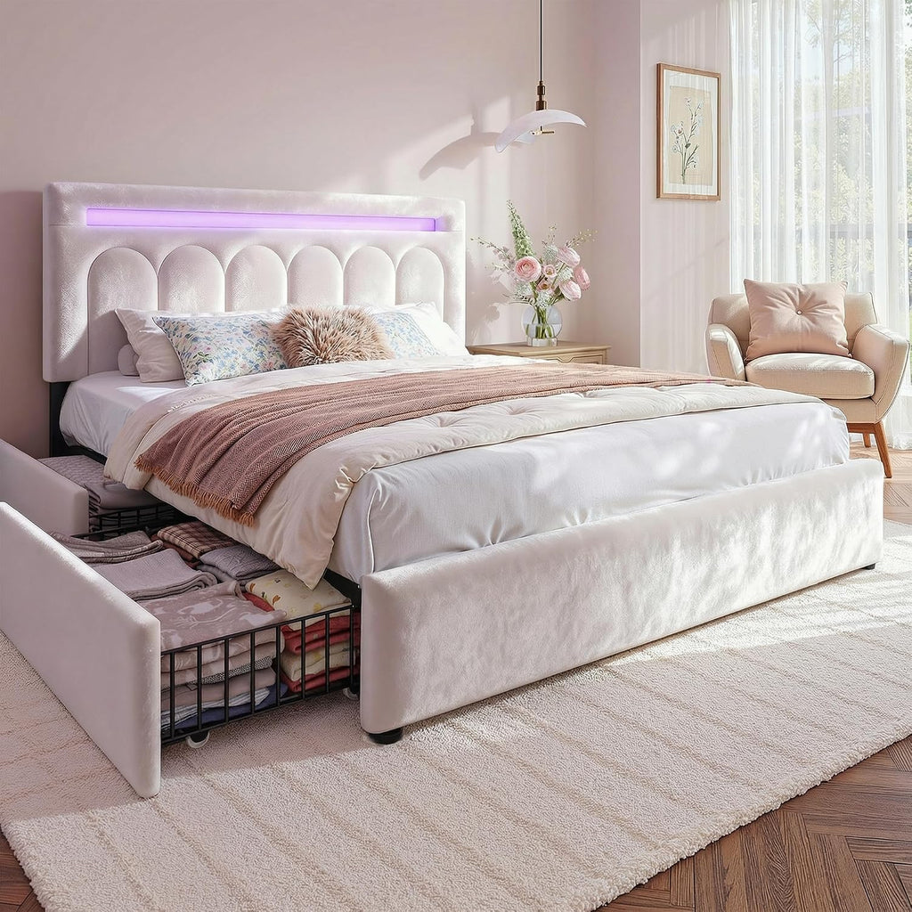 Homkdom Queen Upholstered Bed Frame with 4 Drawers and Velvet Headboard, Platform Bed Frame Queen Size with LED Lights, Wooden Slats Support,Easy Assembly, Beige
