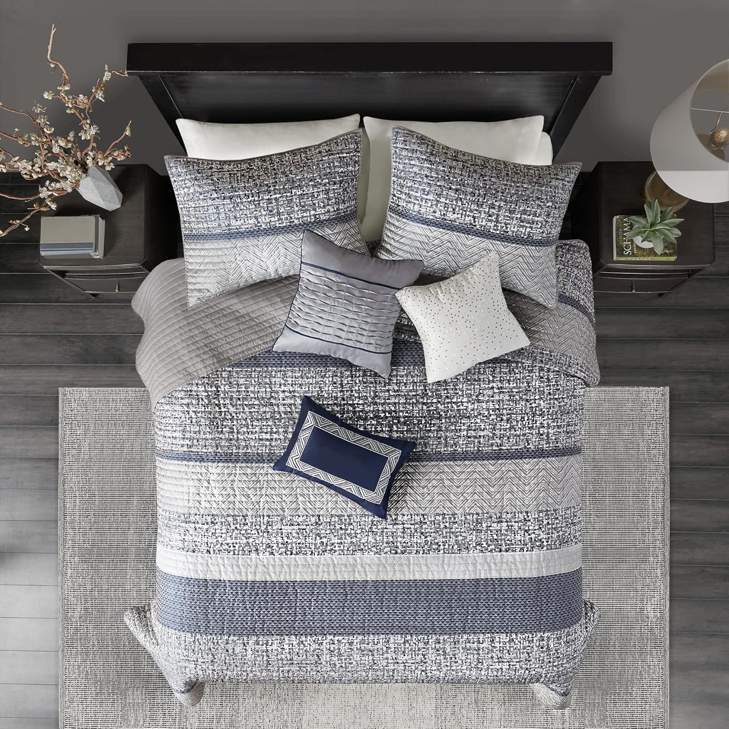 Madison Park Queen Quilt Set Lustrous Jacquard & Glitter Accent Coverlet Set for Queen Size Bed - All Season, Lightweight Queen Quilt Set, Shams, Decorative Pillow, Full/Queen Chevron Grey/Navy