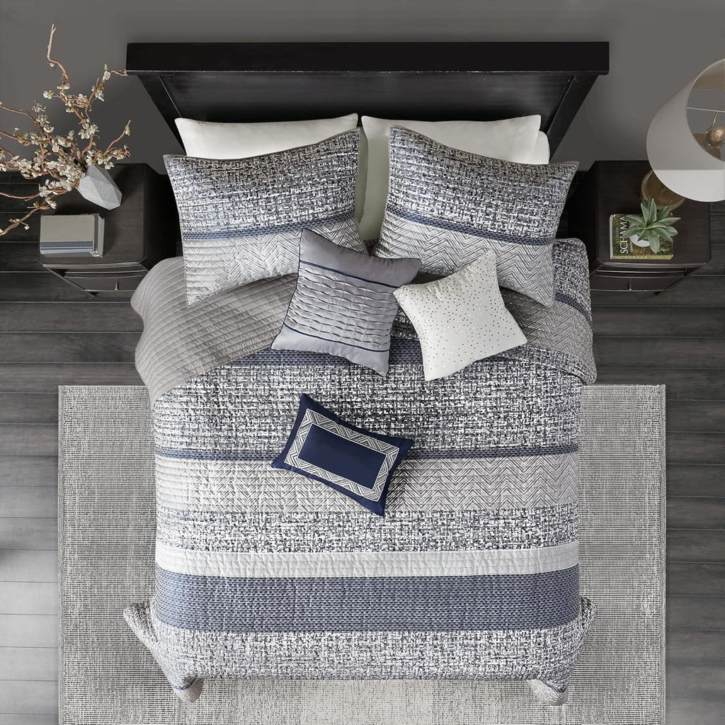 Madison Park King Quilt Set - Lustrous Jacquard & Glitter Accent Coverlet Set for King Size Bed - All Season, Lightweight, Shams, Decorative Pillow, Chevron Grey/Navy