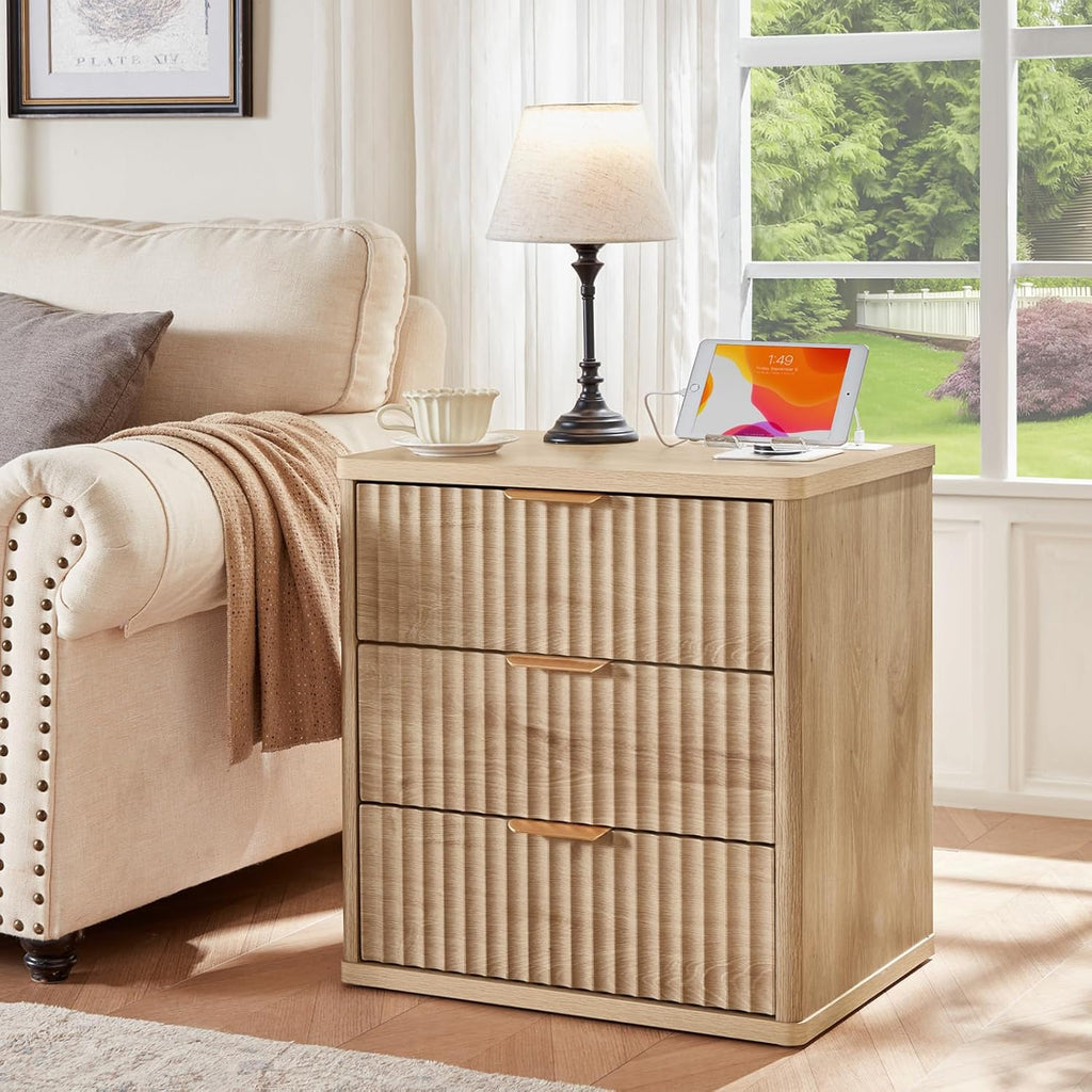 LEYAOYAO 48' Wide Fluted Dresser and 3 Drawers 23' Nightstand Set of 2, Wooden Dresser & Night Stand with Charging Station, 3 Piece Bedroom Furniture Set, Wood Chest of Drawer for Living Room,Natural
