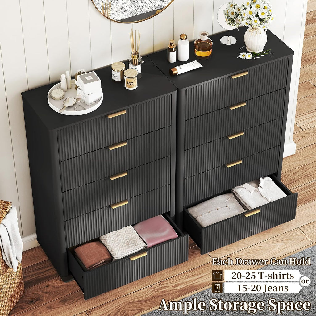 Dresser and Nightstand Sets 3 Piece, Bedroom Set with Charging Station, Large 5 Drawer Dresser for Bedroom and Night Stand Set of 2, Mid Century Modern Bedroom Furniture Set with Motion Sensor Lights