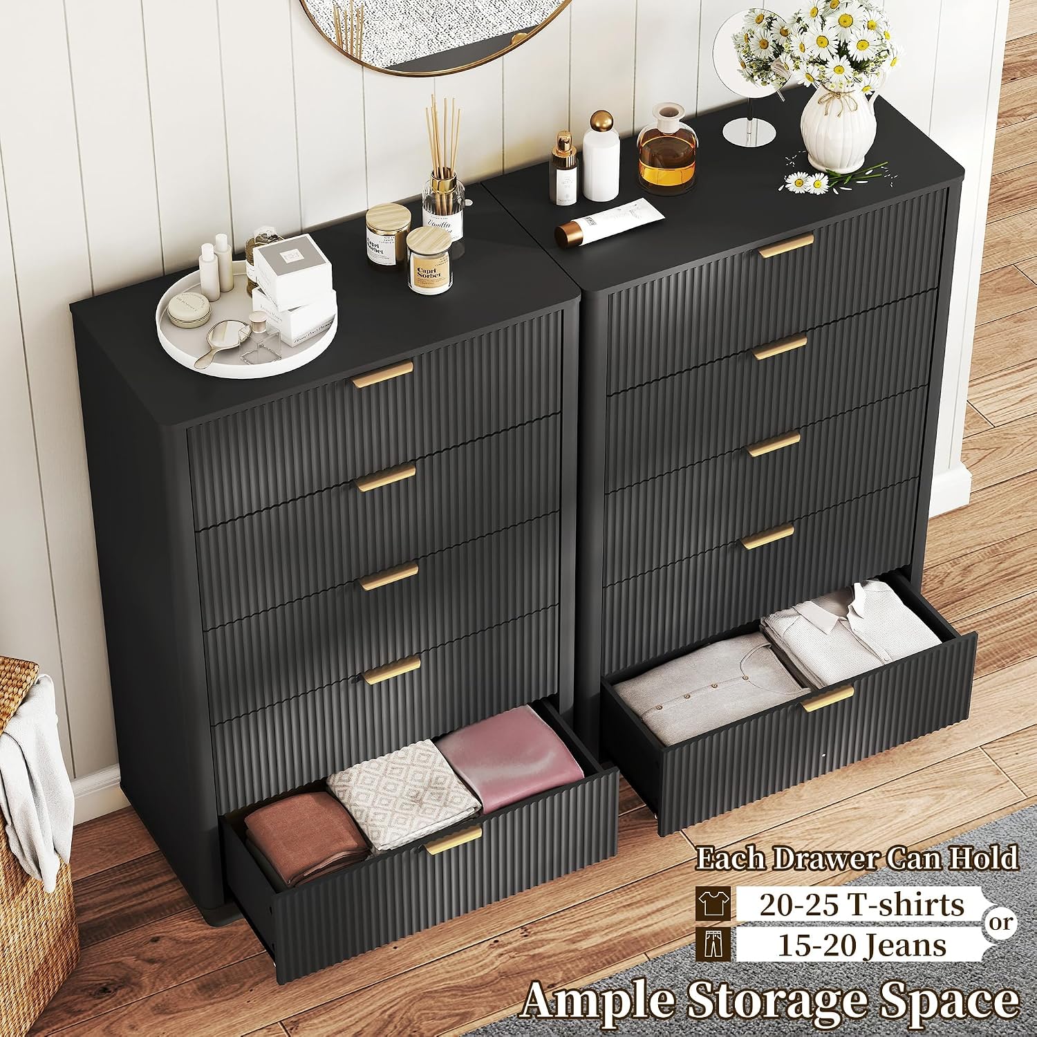 Dresser and Nightstand Sets 3 Piece, Bedroom Set with Charging Station, Large 5 Drawer Dresser for Bedroom and Night Stand Set of 2, Mid Century Modern Bedroom Furniture Set with Motion Sensor Lights