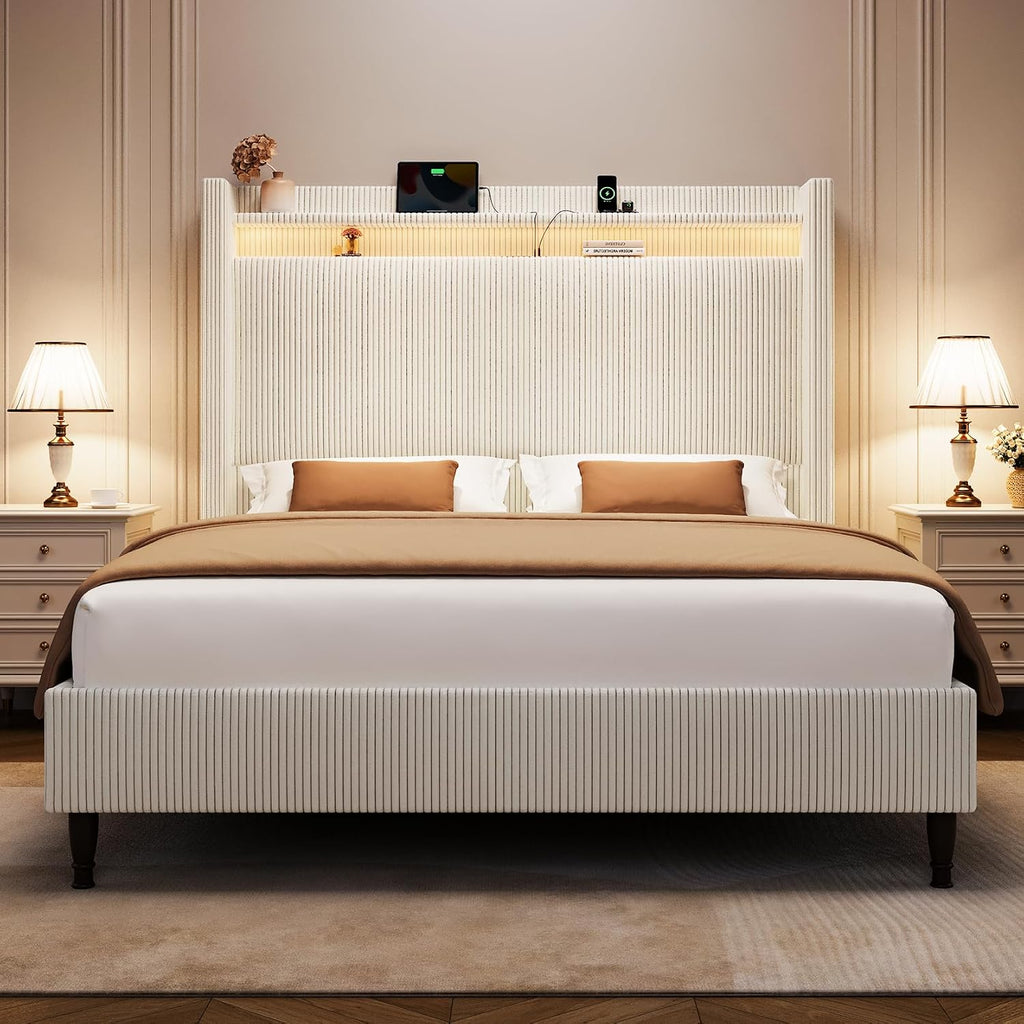 Queen Bed Frame with Tall Headboard, 55.3' Upholstered Platform Queen Size Bed Frame, Elegant Corduroy Wingback Bed with LED Lights & Charging Station, No Box Spring Needed, Solid Wood Slats, Cream