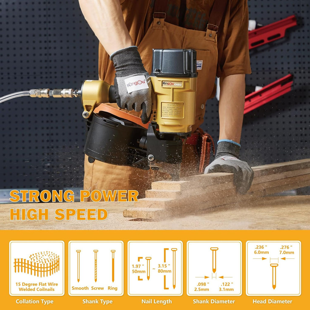 Kingou CN80 Coil Nailer Gun for Wooden Pallet Accepts 1.97-Inch to 3.15-Inch Nails with 1/4 NPT Air Connector 225-300pcs Load Capacity Coil Nailer Coil Nail Gun for Wooden Box Packing