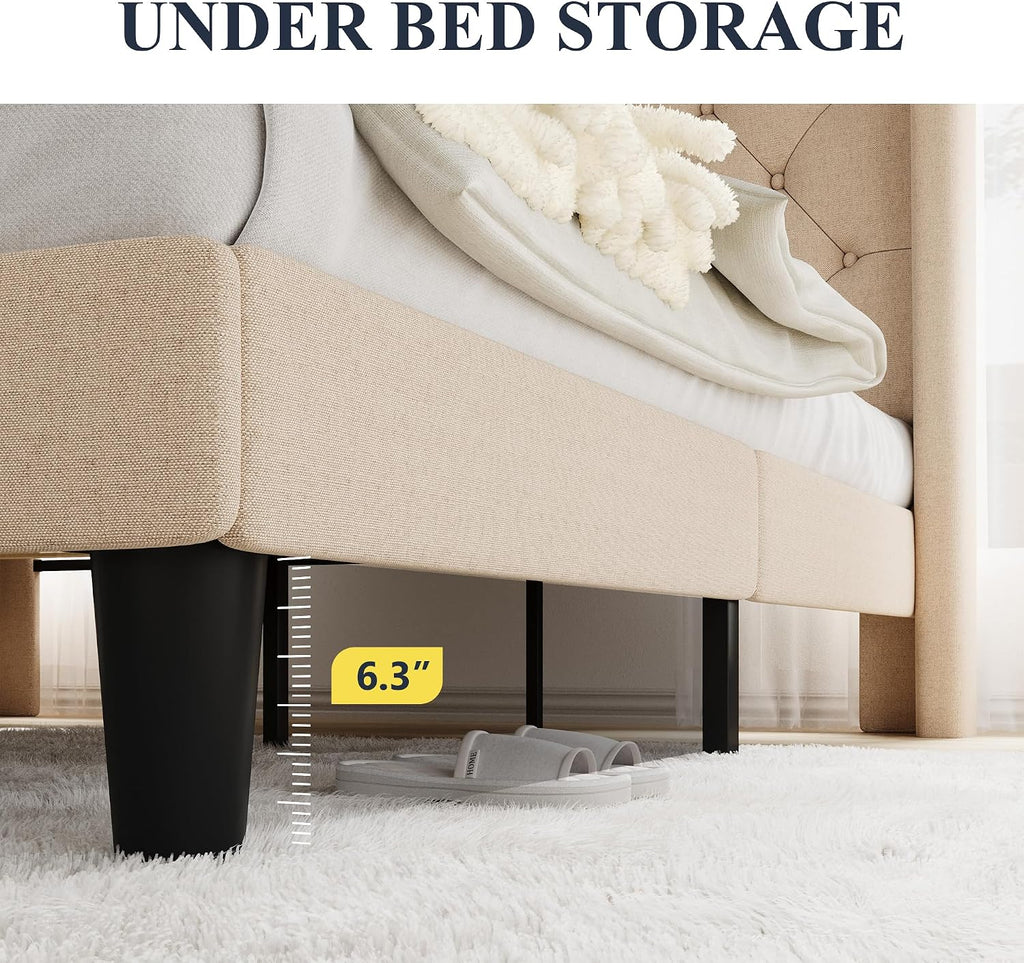 Allewie Queen Size Bed Frame with Button Tufted Wingback Headboard, Modern Upholstered Bed Frame with Solid Wooden Slats Support - No Box Spring Needed, Easy Assembly, Beige