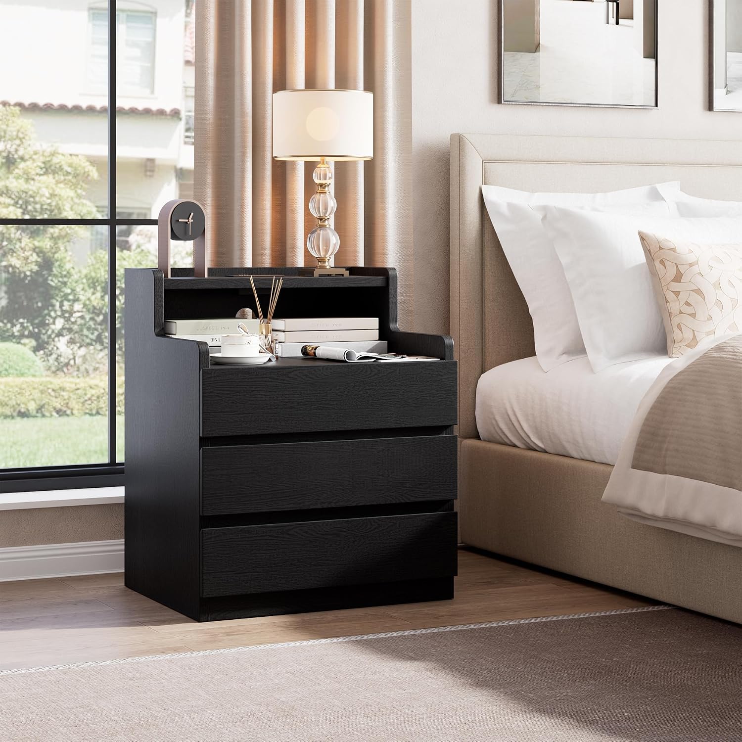 Rresyet Nightstand Set of 2, 26.8' Modern Black End Tables with Drawers & Built-in Charging Station for Bedroom, Upgraded Storage, Handle-Free Design