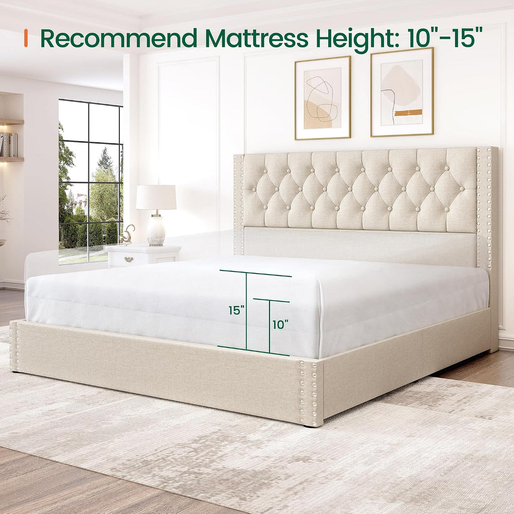 LARMACE King Size Bed Frame with 4 Storage Drawers and Tufted Headboard Linen Upholstered Platform Bed Frame with Heavy Duty Wood Slats, No Box Spring Needed, Easy Assembly, Beige