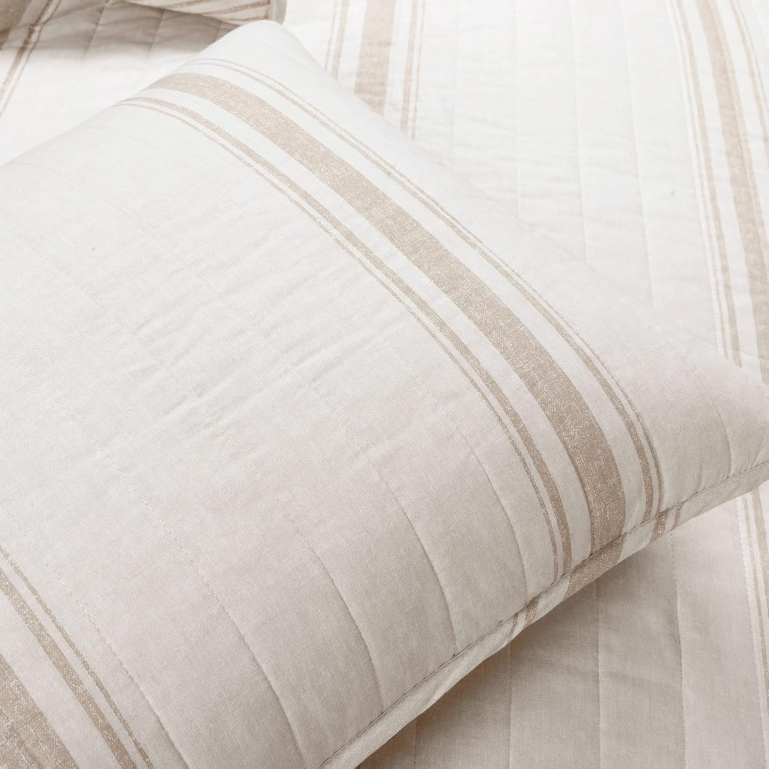 Lush Decor Farmhouse Stripe Reversible Cotton Quilt Queen Size 3 Piece Set Full/Queen Neutral - Farmhouse Bedding Set Queen Quilt - Striped Bedding