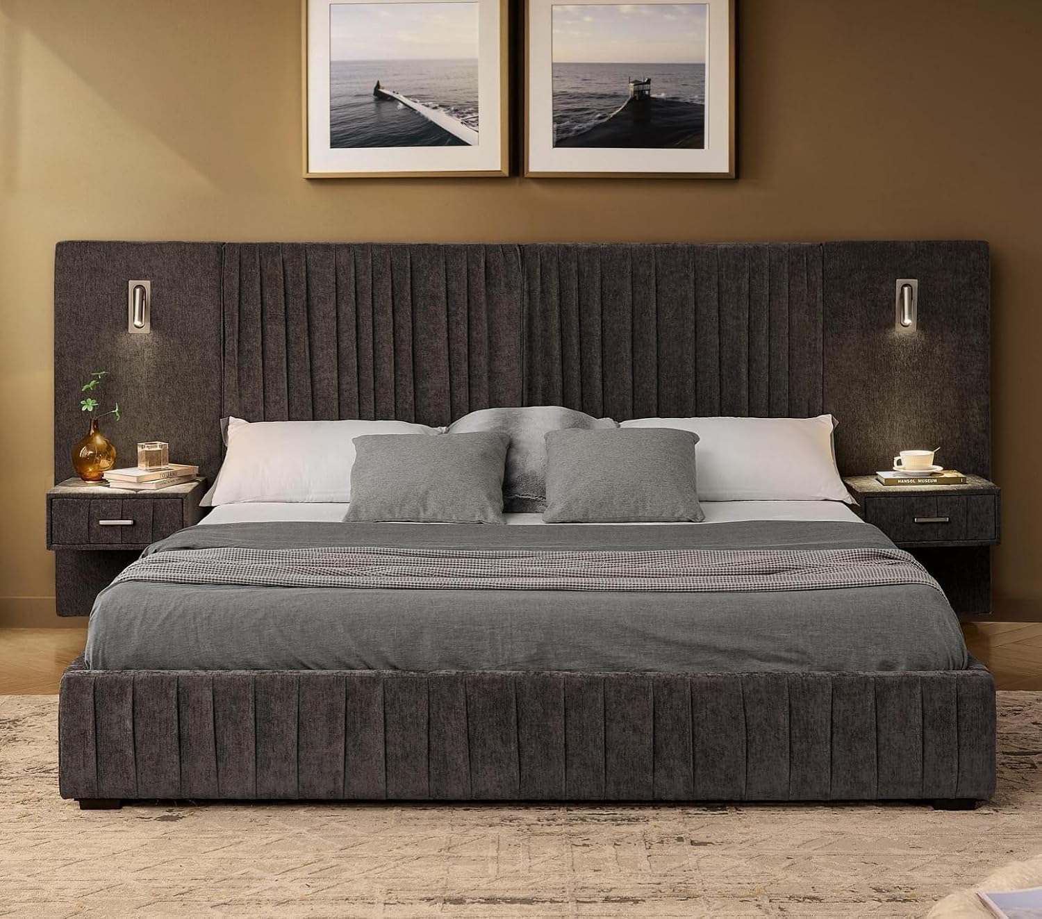 KEIKI Queen Size Chenille Bed Frame with 2 Nightstands, Lamps & Oversize Headboard, Solid Wood Frame Platform Night Stand Bedroom Set, Upholstered Floor Grounded Bed, No Box Spring Needed, Dark Grey