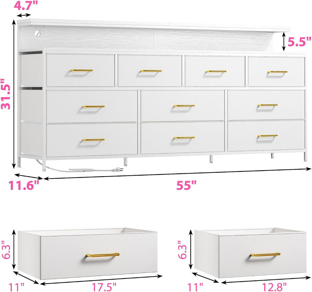 EnHomee 55' W White Dresser for Bedroom with 10 Fabric Drawers Long Dressers & Chests of Drawers with LED Lights & Power Outlets Large Dresser for Bedroom for Hallway, Metal Frame, White