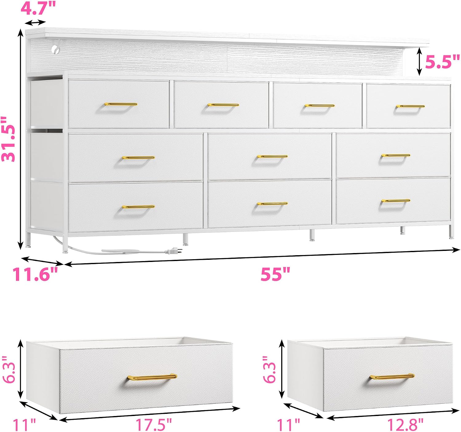EnHomee 55' W White Dresser for Bedroom with 10 Fabric Drawers Long Dressers & Chests of Drawers with LED Lights & Power Outlets Large Dresser for Bedroom for Hallway, Metal Frame, White