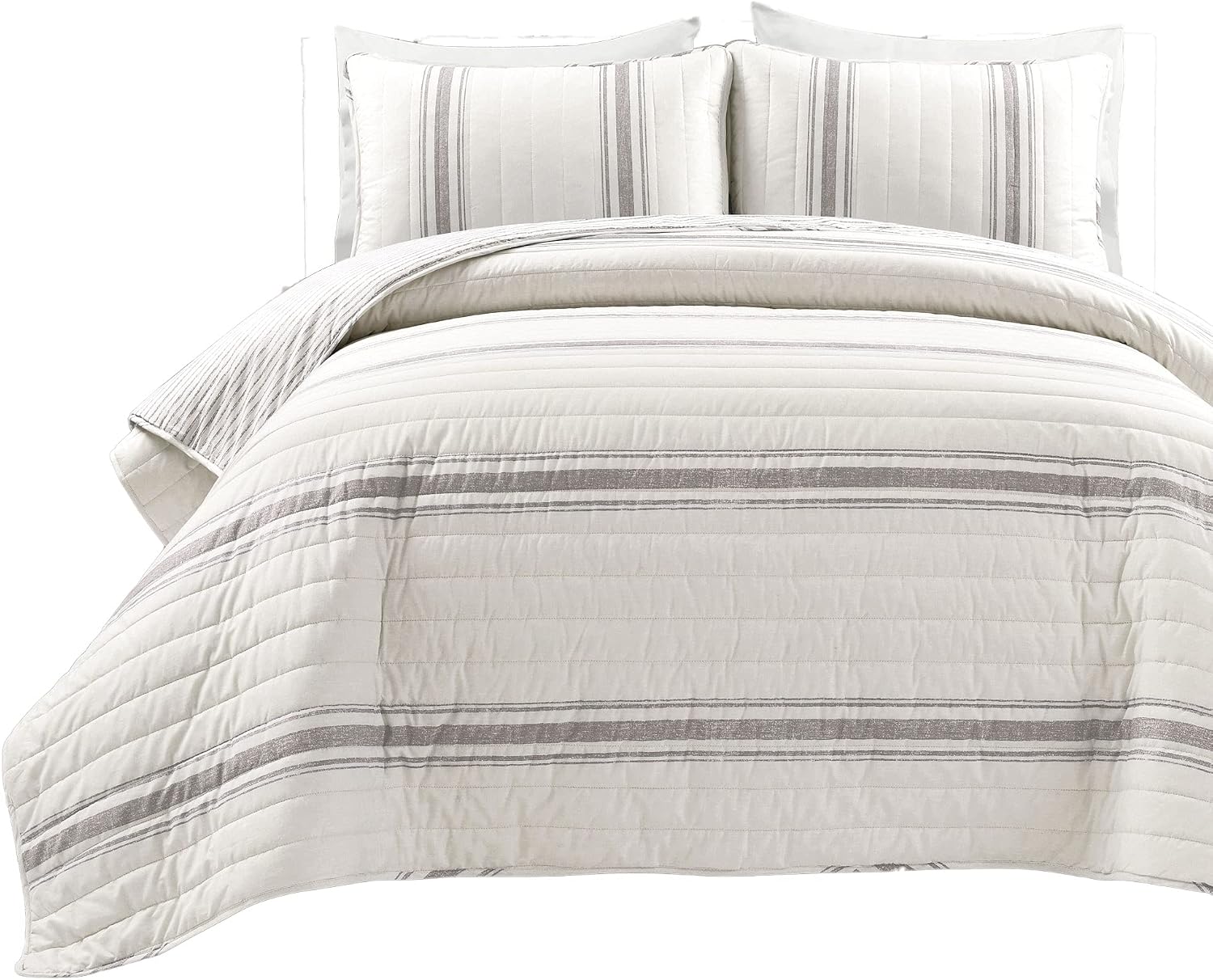 Lush Decor Farmhouse Stripe Reversible Cotton Quilt California King Size 3 Piece Set Gray - Farmhouse Bedding Set - Cal King Quilt - Striped Bedding
