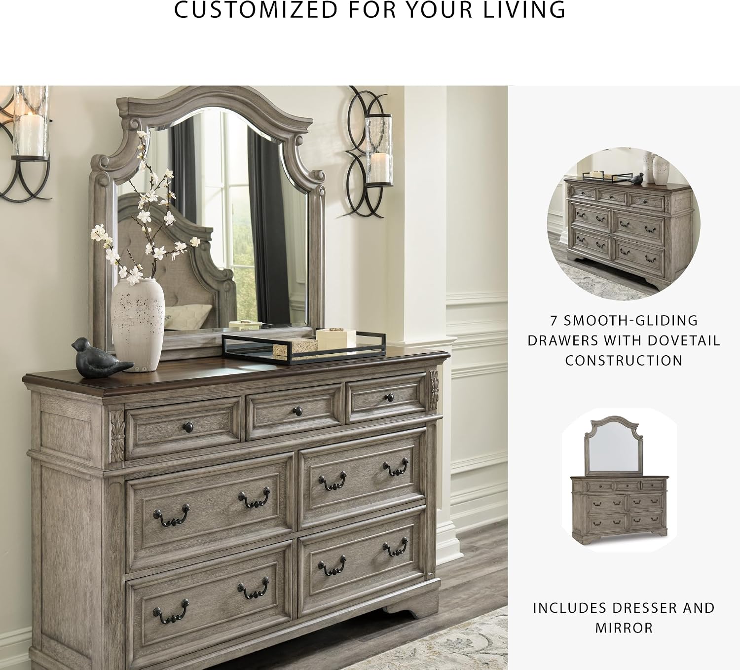 Signature Design by Ashley Lodenbay Casual Smooth-Gliding 7-Drawer Dresser and Mirror with Safety Stop, Light Gray & Dark Brown