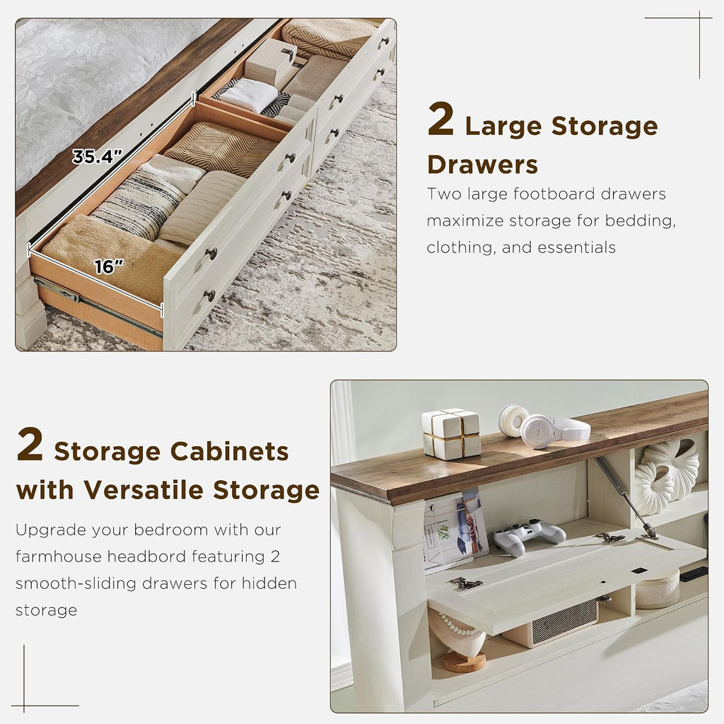 Farmhouse King Size Bed Frame with 54' Tall Storage Bookcase Headboard, Wood Platform Bed Frame with 2 Drawers & 18' Tall Roman Column Decoration Footboard, No Box Spring Needed(Antique White)