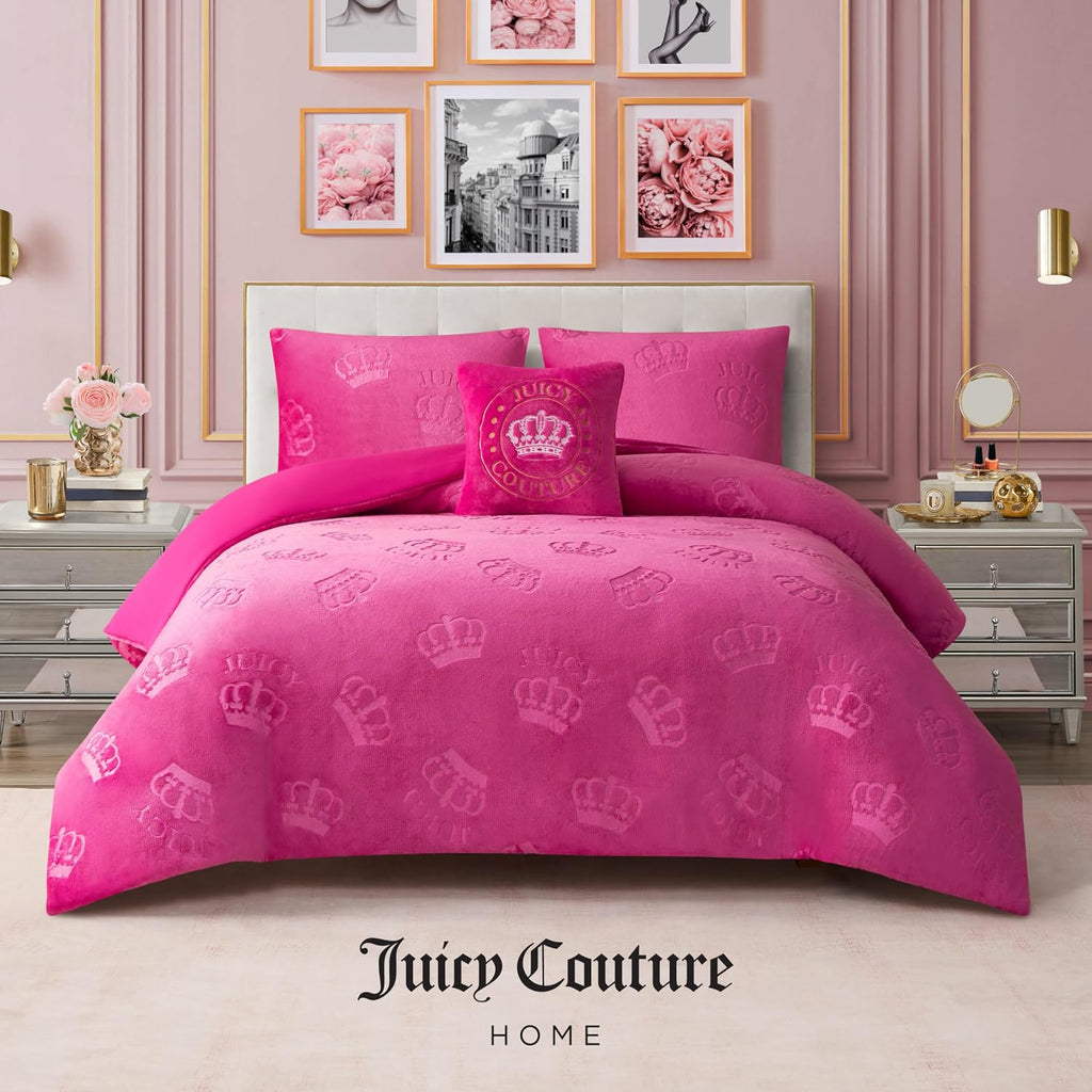 Juicy Couture Plush Reversible Embossed Crown 3-Piece Twin/Twin XL Comforter Set with Decorative Pillow, Hot Pink