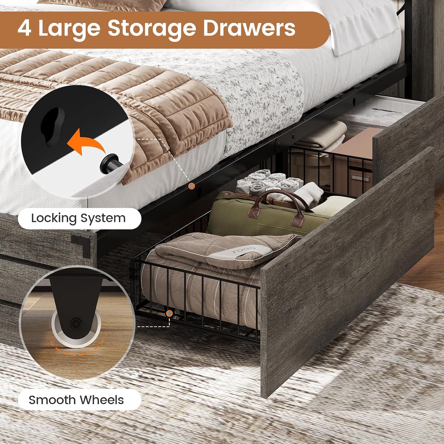 VIAGDO Wooden Bed Frame Full Size with Bookcase Headboard and Sliding Barn Door, Farmhouse Bed Frame Full Size with Charging Station, LED Lights and 4 Storage Drawers, No Box Spring Needed, Grey