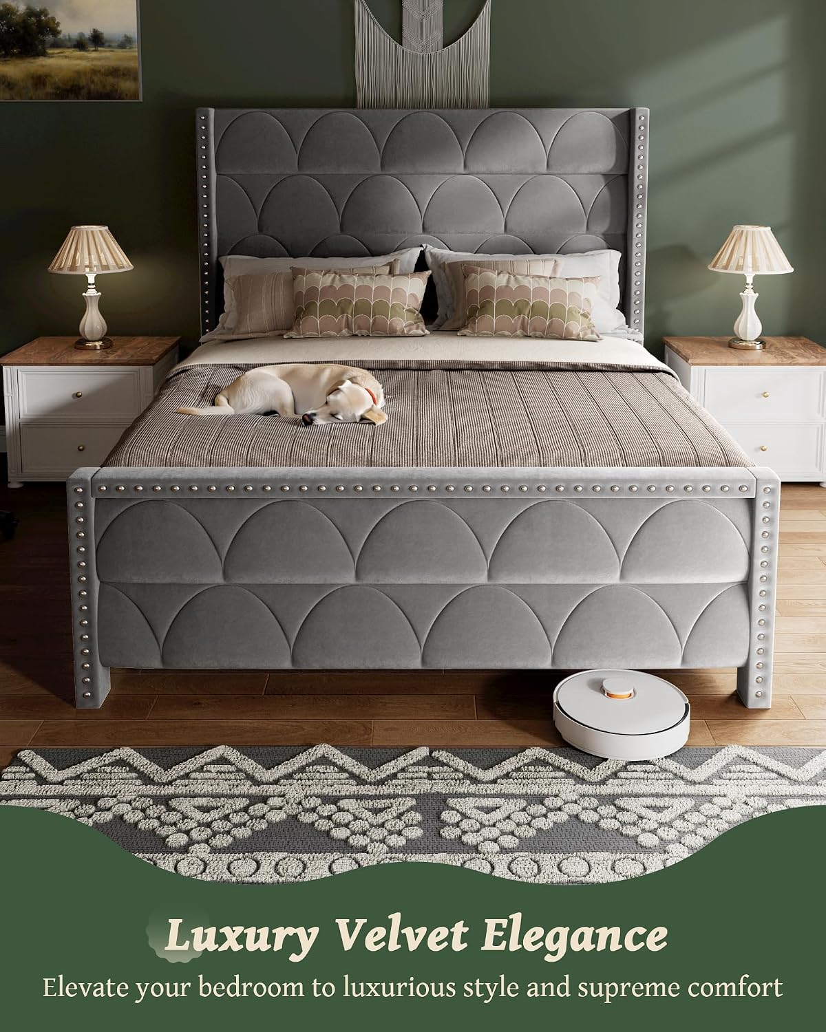 OHOHOLIVE Queen Size Bed Frame with 56' Headboard - Velvet Upholstered Wingback Platform Bed Frame, Noise Free, Sturdy Wooden Slat Support (Deep Gray, Queen)