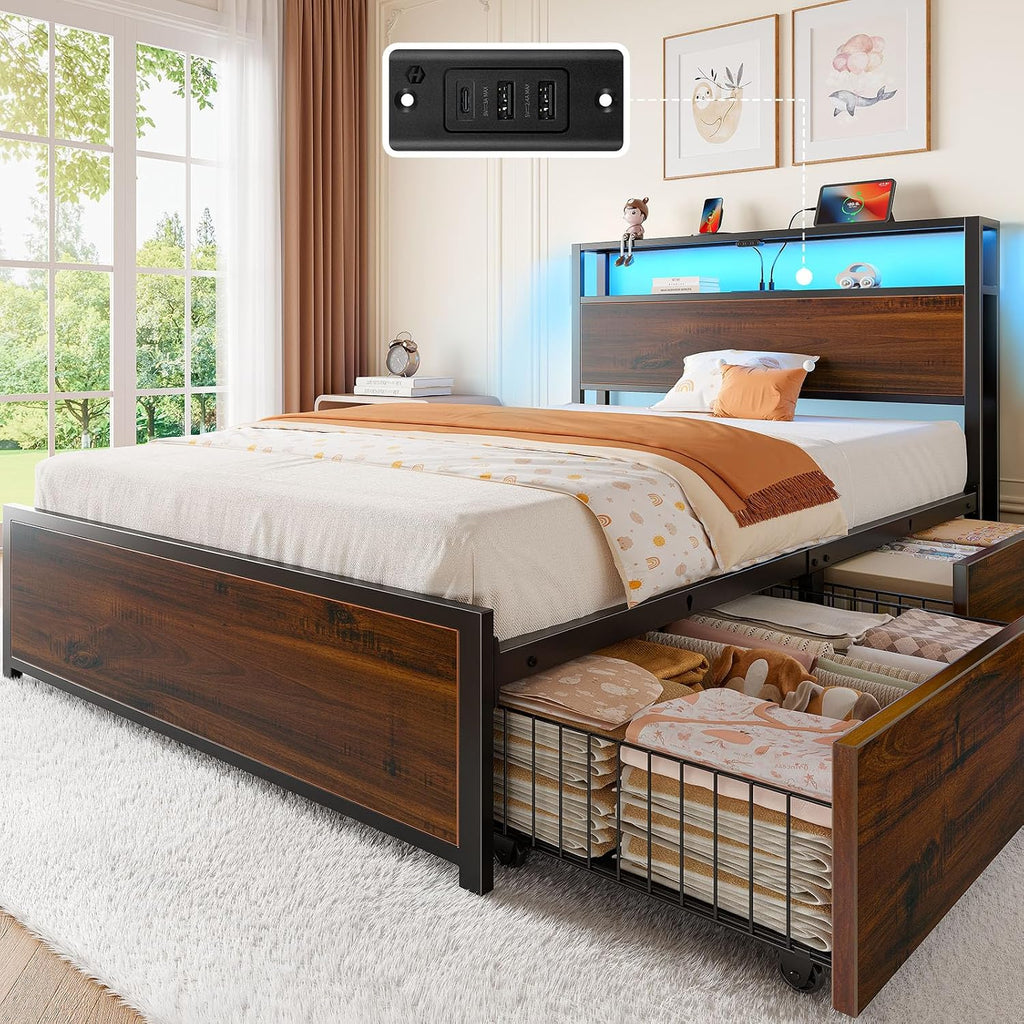 Rolanstar Twin Bed Frame with 4 Storage Drawers, Charging Station and LED Lights, Metal Platform Bed with 2-Tier Storage Headboard, No Box Spring Needed, Easy Assembly, Noise-Free, Walnut