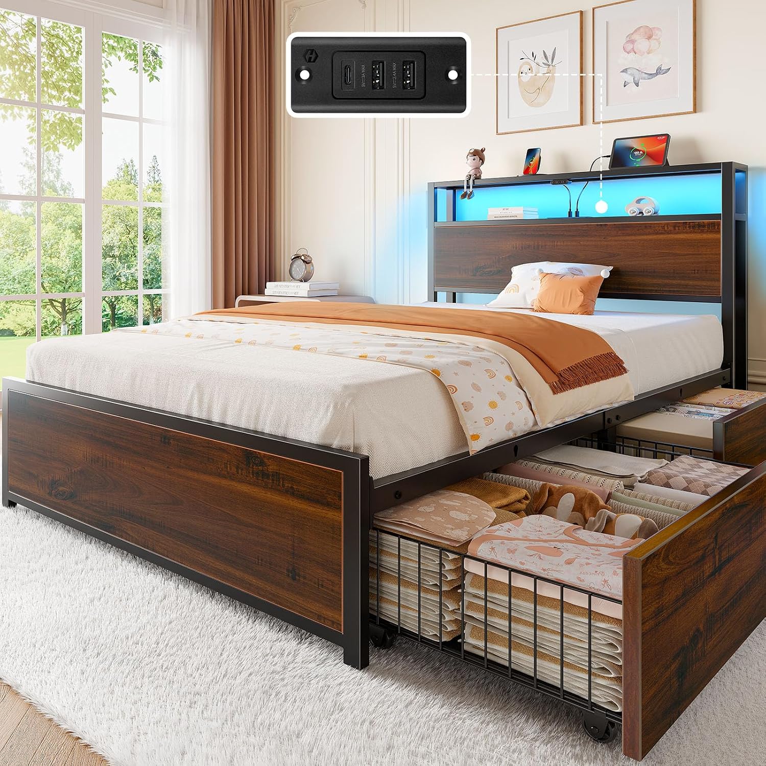 Rolanstar Twin Bed Frame with 4 Storage Drawers, Charging Station and LED Lights, Metal Platform Bed with 2-Tier Storage Headboard, No Box Spring Needed, Easy Assembly, Noise-Free, Walnut