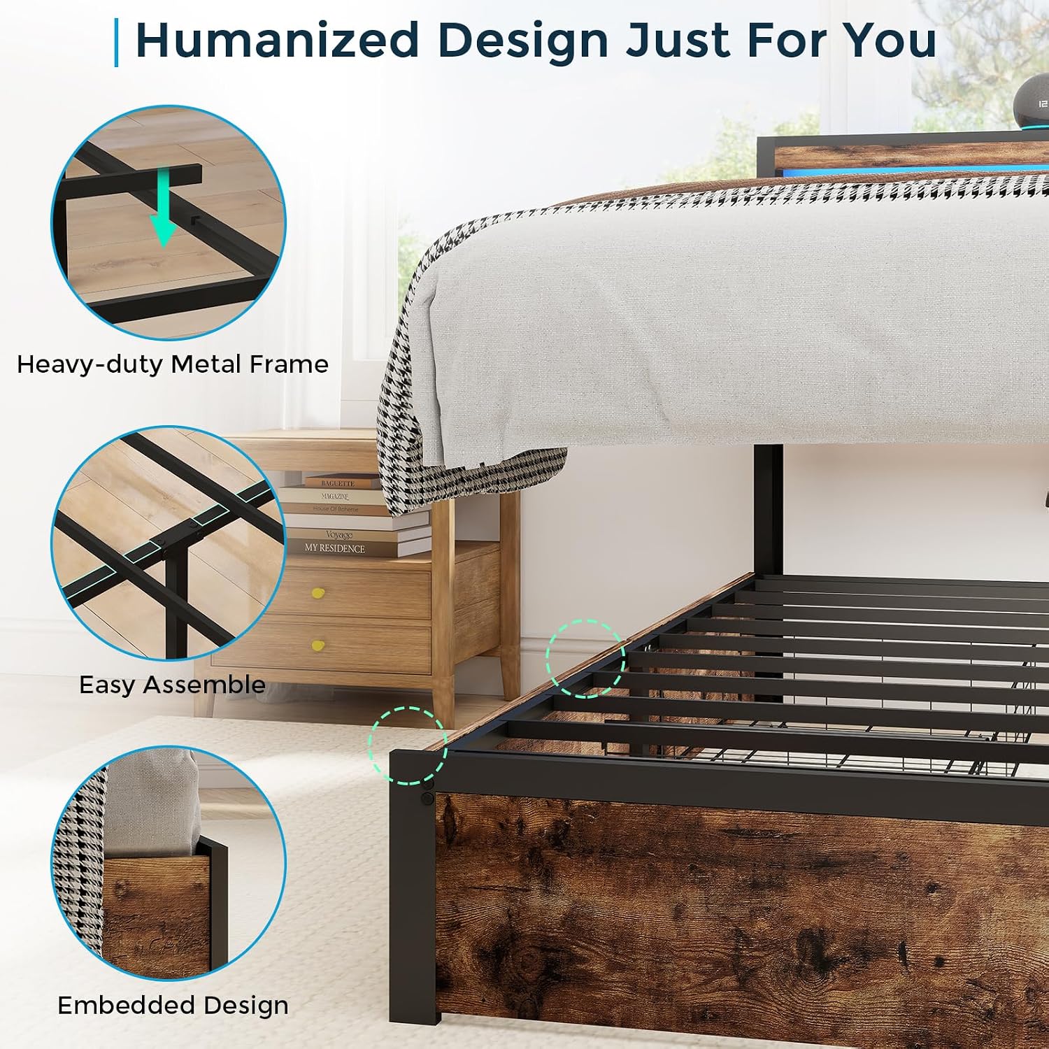 SADENICEL King Bed Frame with Storage Headboard and 4 Drawers, Metal Platform Bed Frame with LED Light, Charging Station, No Box Spring Needed, Noise Free, Easy Assembly, Vintage Brown