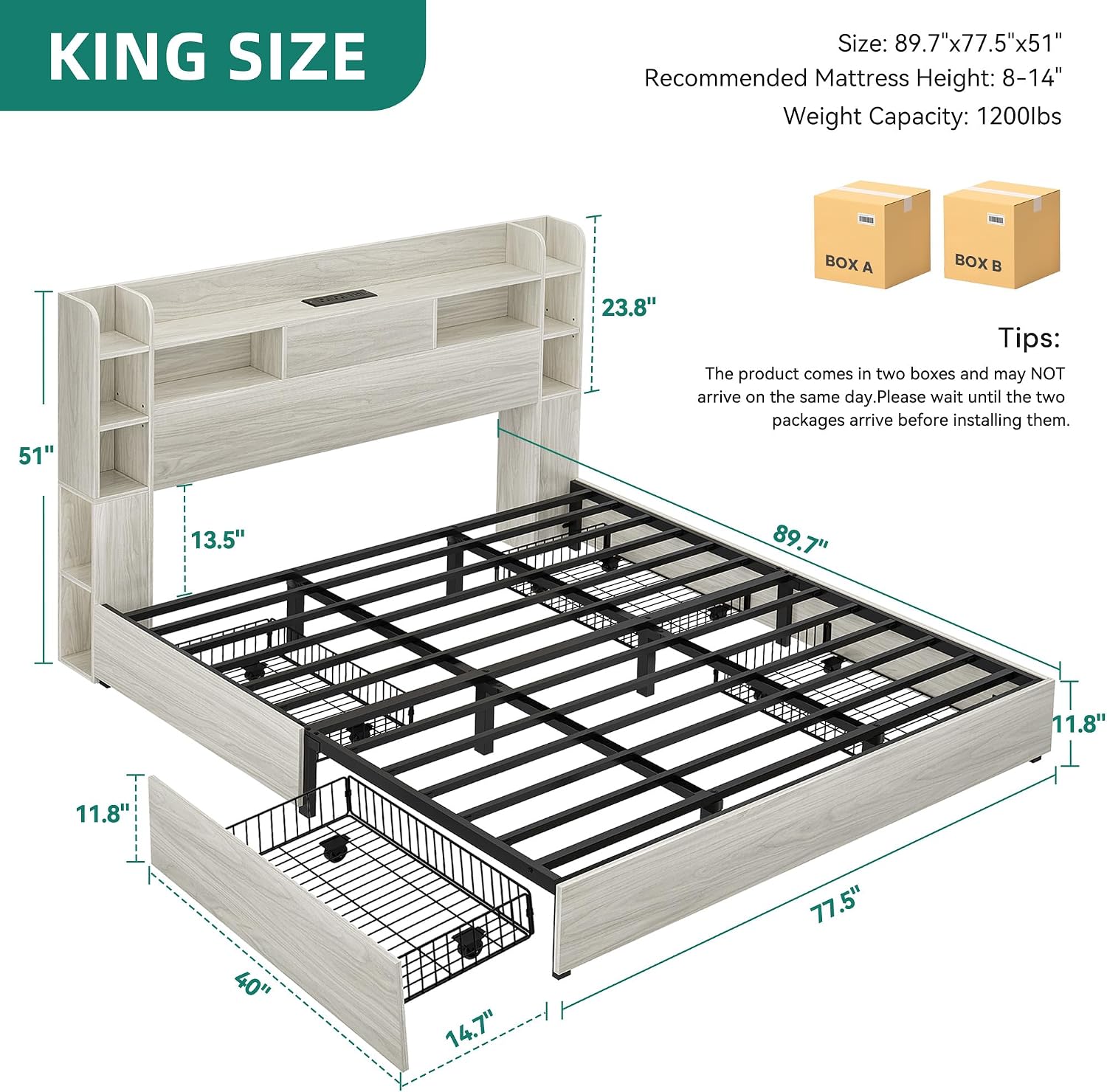 DWVO King Size Bed Frame with Bookcase Headboard and 4 Storage Drawers, RGB LED Bed Frame with Type-C & USB Charging Station Storage Headboard Bed, No Box Spring Needed, Noise Free, Antique White