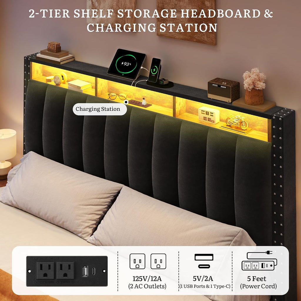 YITAHOME King Size Bed Frame with 4 Storage Drawers and RGB LED Lights, Velvet Upholstered Platform Bed with Charging Station and Bookcase Storage Headboard, No Box Spring Needed, Easy Assembly, Black
