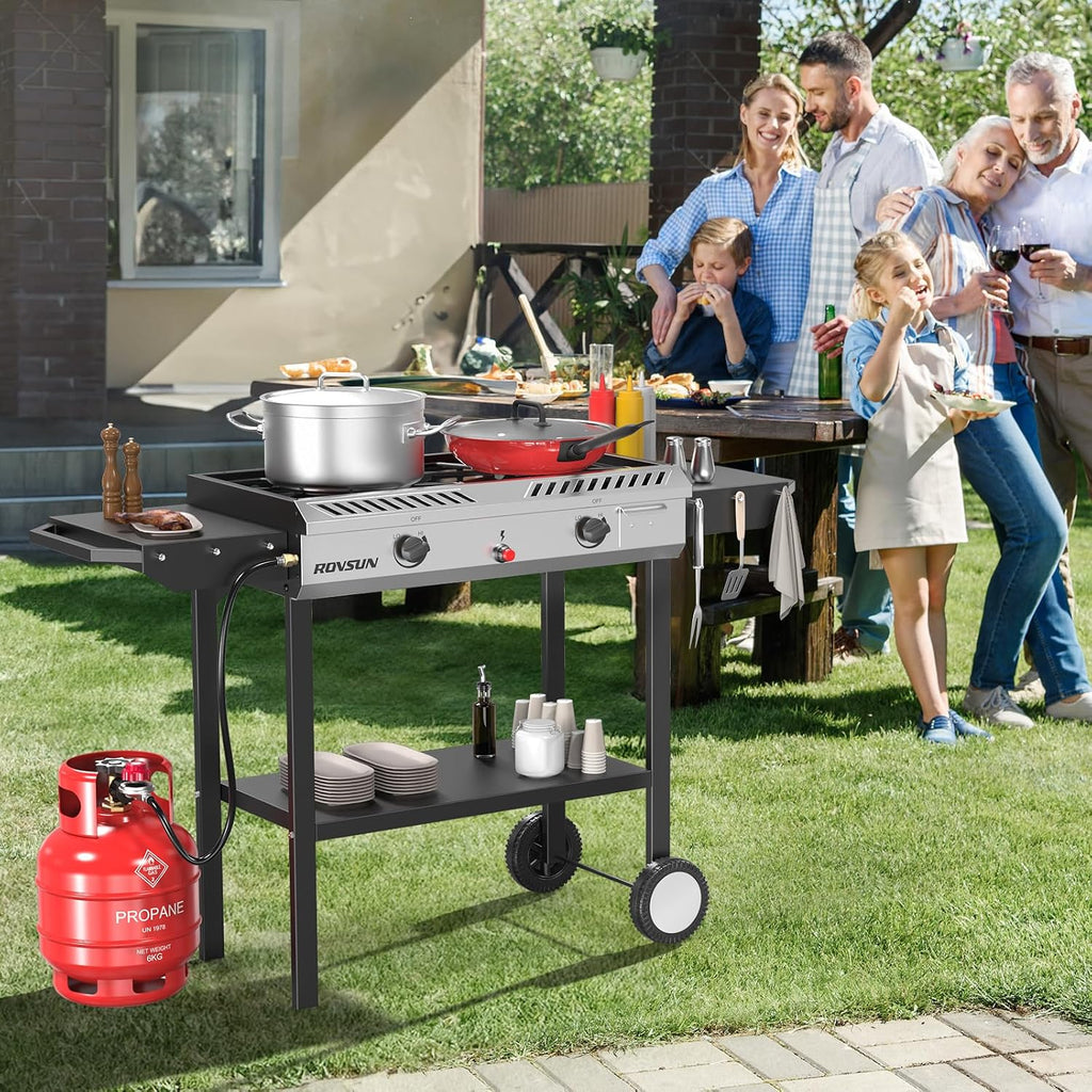 ROVSUN 2 Burner Outdoor Propane Gas Stove with Auto-ignition, Regulator & Shelf, 150,000 BTU Powerful Stand Cooker for Backyard Patio Cooking Home Brewing Canning Turkey Frying
