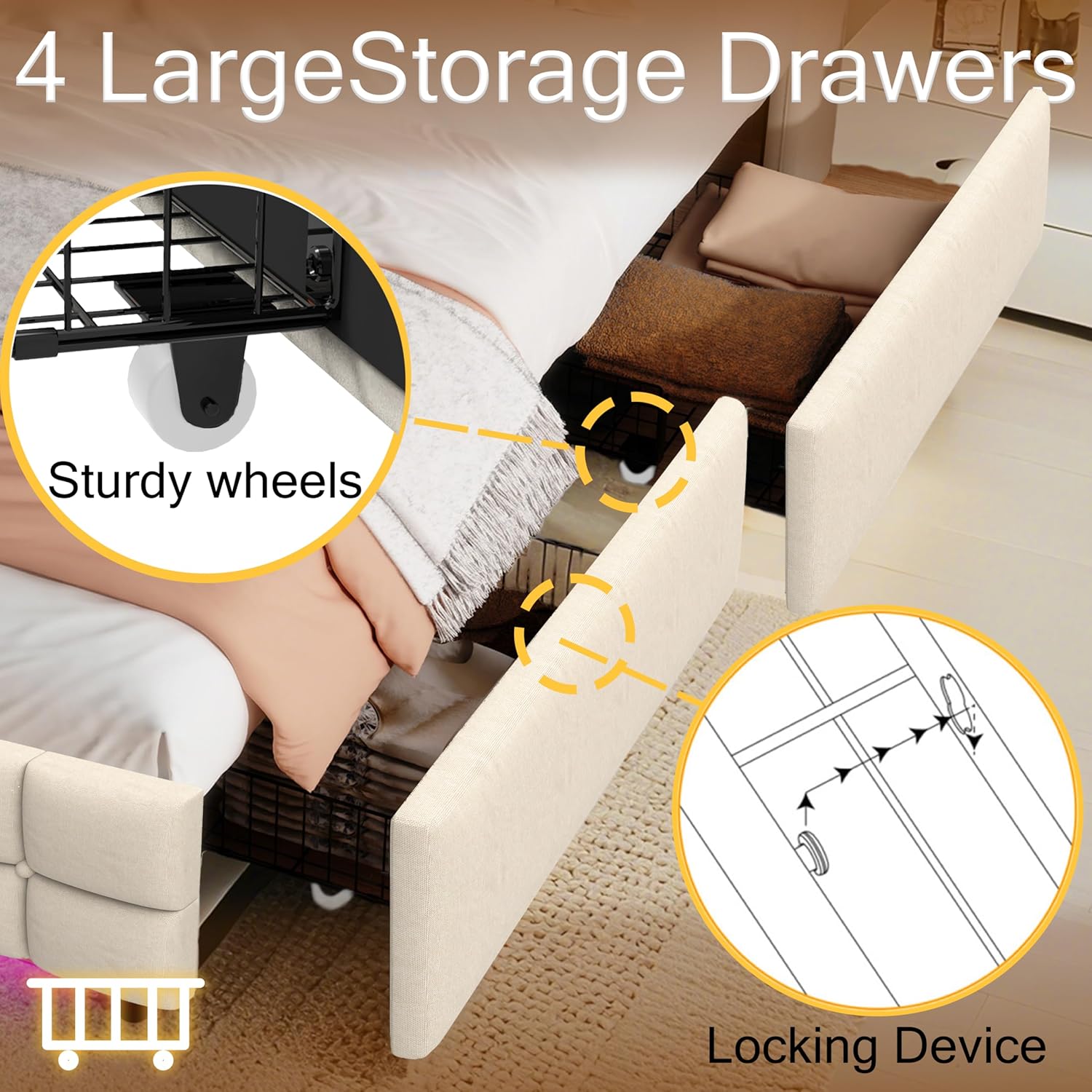 Juego 3 in 1 Full Bed Frame with RGB LED Light, Socket & USB & Type-C Charging Station,4 Drawers, Wooden Slats, Upholstered Bed, Noise-Free, No Box Spring Needed (Beige, Full)