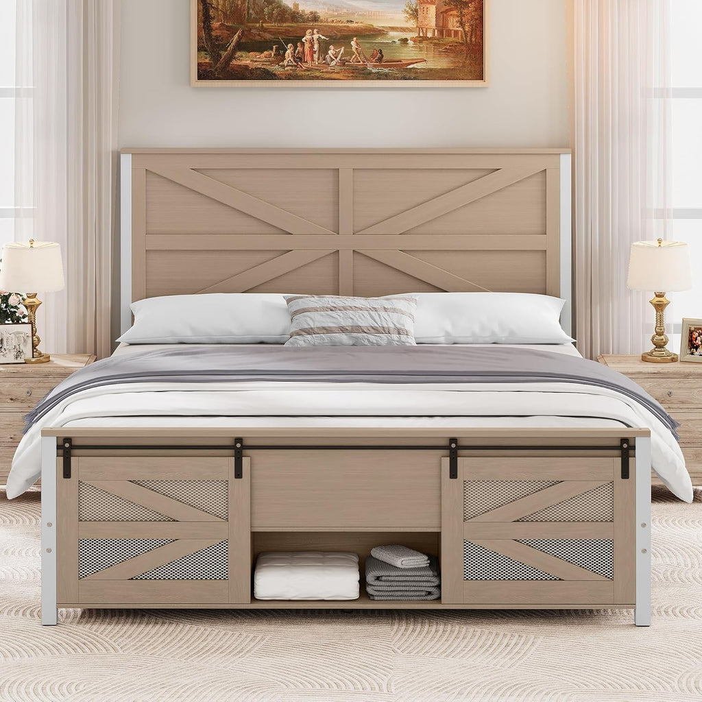 YITAHOME Queen Size Farmhouse Wood Bed Frame with Sliding Barn Door Storage Cabinets and Headboard, Solid Wood Slats Support, Noiseless, No Box Spring Needed, Rustic Brown