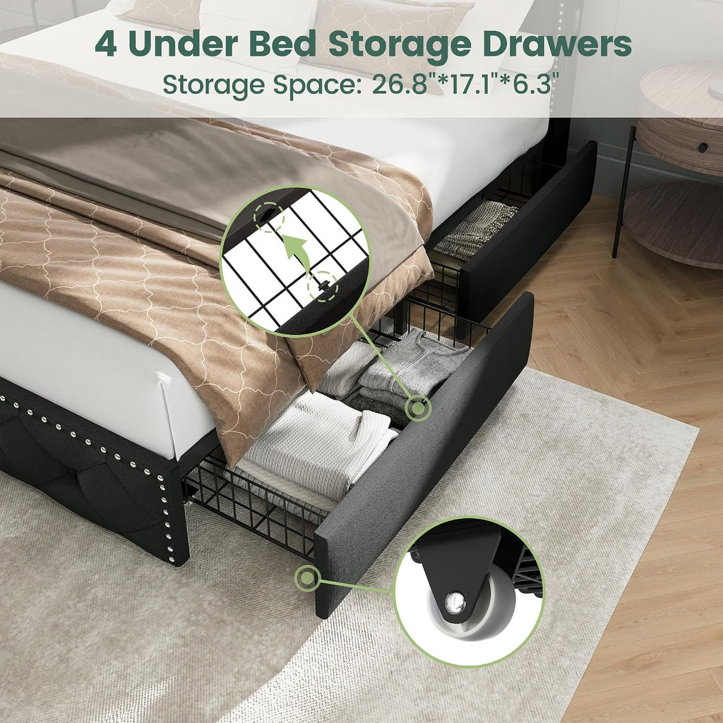 LARMACE Queen Size Bed Frame with Storage & LED Lights & USB Type-C Charging Station,Velvet Upholstered Platform Bed with Headboard and 4 Drawers, No Box Spring Needed, Easy Assembly, Black