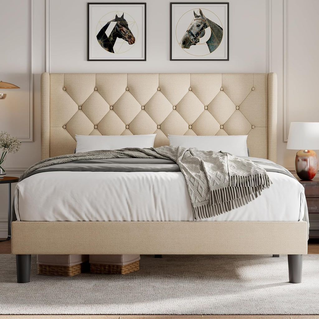 iPormis Queen Platform Bed Frame with Button Tufted Headboard, Upholstered Bed Frame with Solid Wooden Slats, 8' Under-Bed Space, No Box Spring Needed, Easy Assembly, Noise Free, Beige
