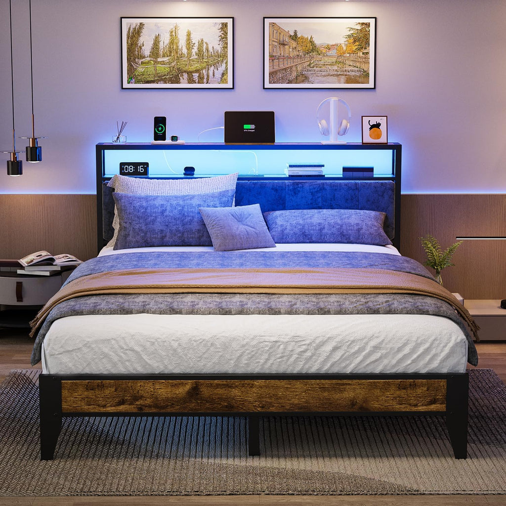 OLEVS Queen Bed Frame Metal Platform Bed Queen Size with 2-Tier Storage & LED Light Headboard, Charging Station Type C, No Box Spring Needed