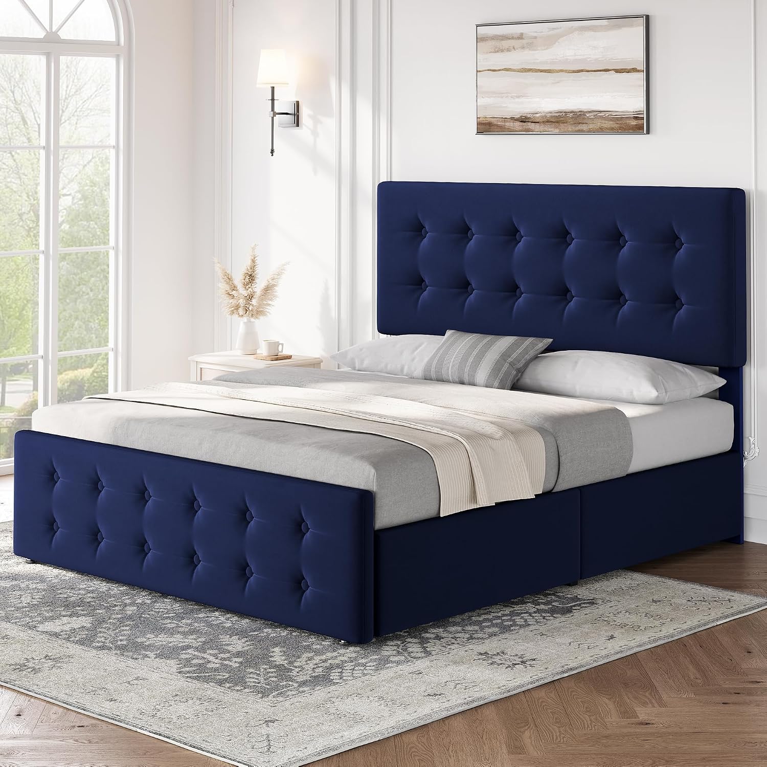 IDEALHOUSE Full Size Bed Frame with 4 Storage Drawers and Headboard, Velvet Upholstered Platform Bed Frame with Wooden Slats Support, Button Tufted Design, No Box Spring Needed, Blue