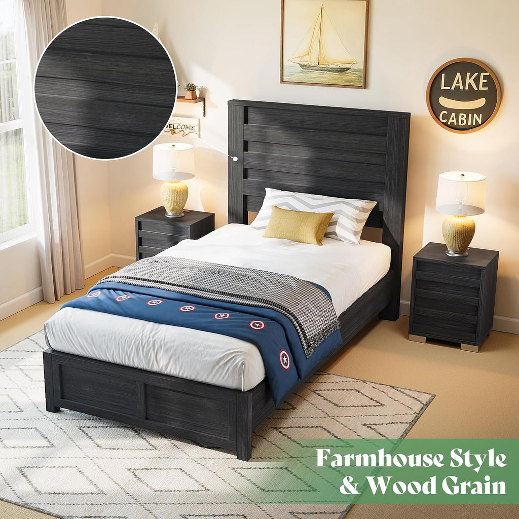 AMERLIFE Farmhouse Twin Bed Frame with 49' Fluted Headboard, Platform Bed with Natural Wood Grain Finish, Noise Free, No Box Spring Needed, Black