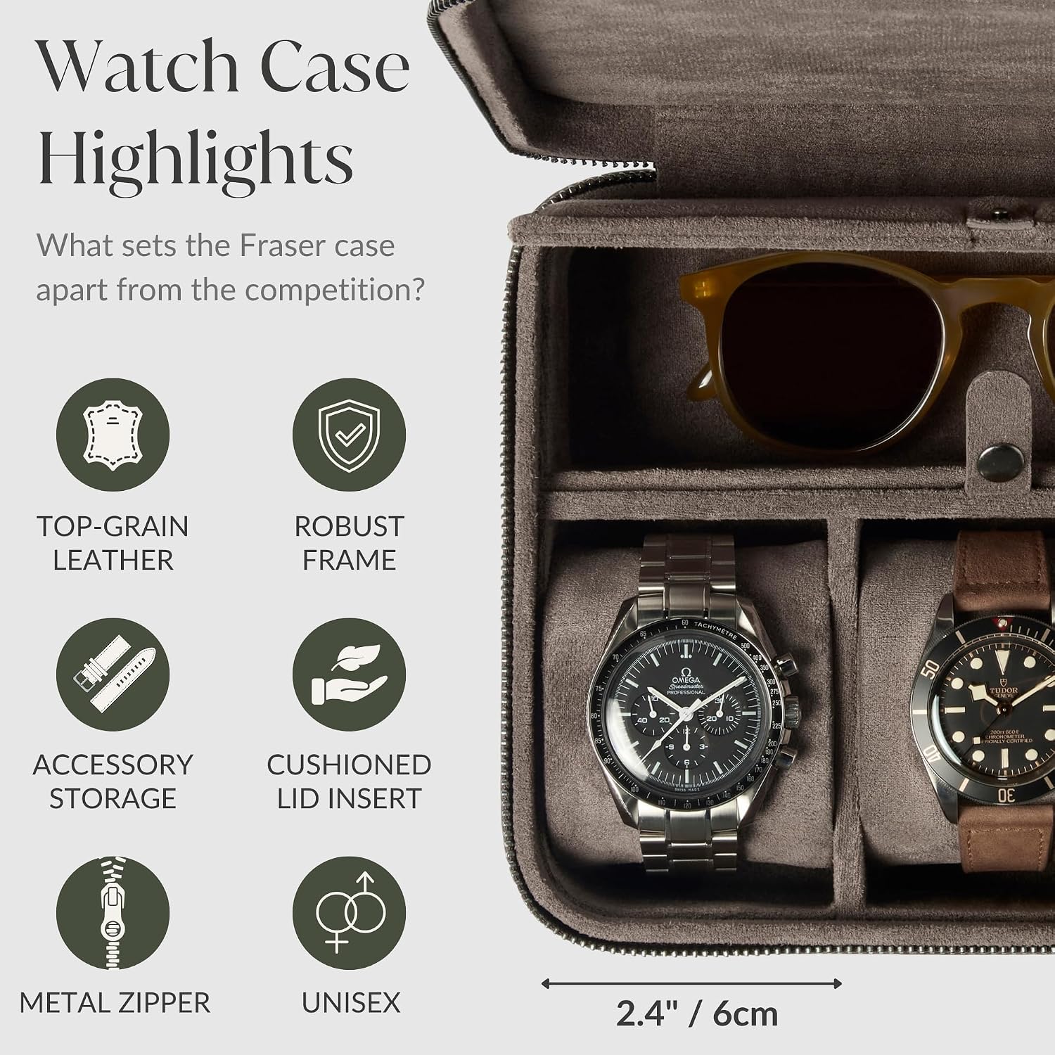 TAWBURY 3 Watch Case with Storage Compartment – Top-Grain Leather Watch Travel Case for Men | Leather Watch Roll Travel Case | Travel Watch Cases for Men | Travel Watch Box for Men Leather