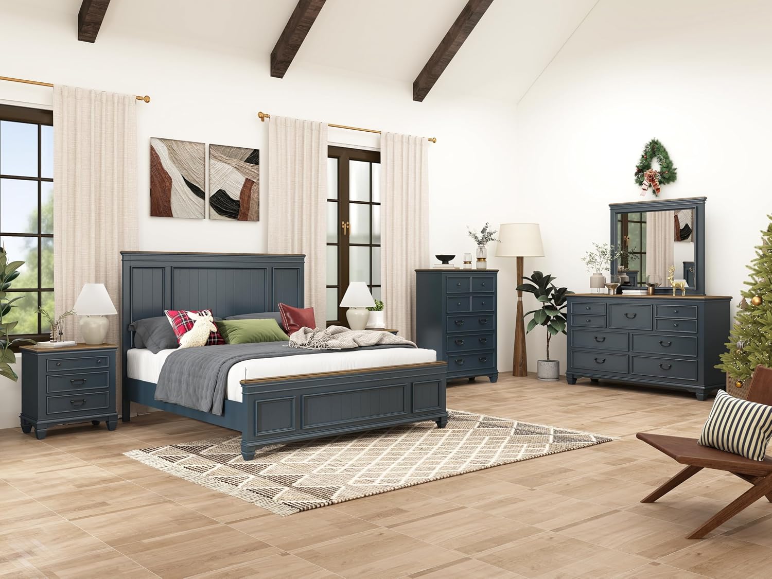 Roundhill Furniture Riverton Wood Bedroom Set with Shiplap Panel King Bed, Dresser, Mirror, Two Nightstands, and Chest in Slate Blue