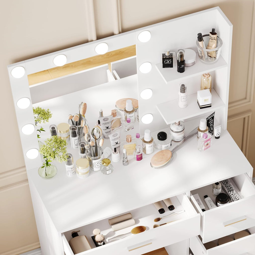 Rovaurx Vanity Desk with Mirror and Lights, Makeup Vanity Table with Storage Shelves and 4 Drawers, Bedroom Dressing Table, 10 LED Lights, 3 Color Modes & Adjustable Brightness, White