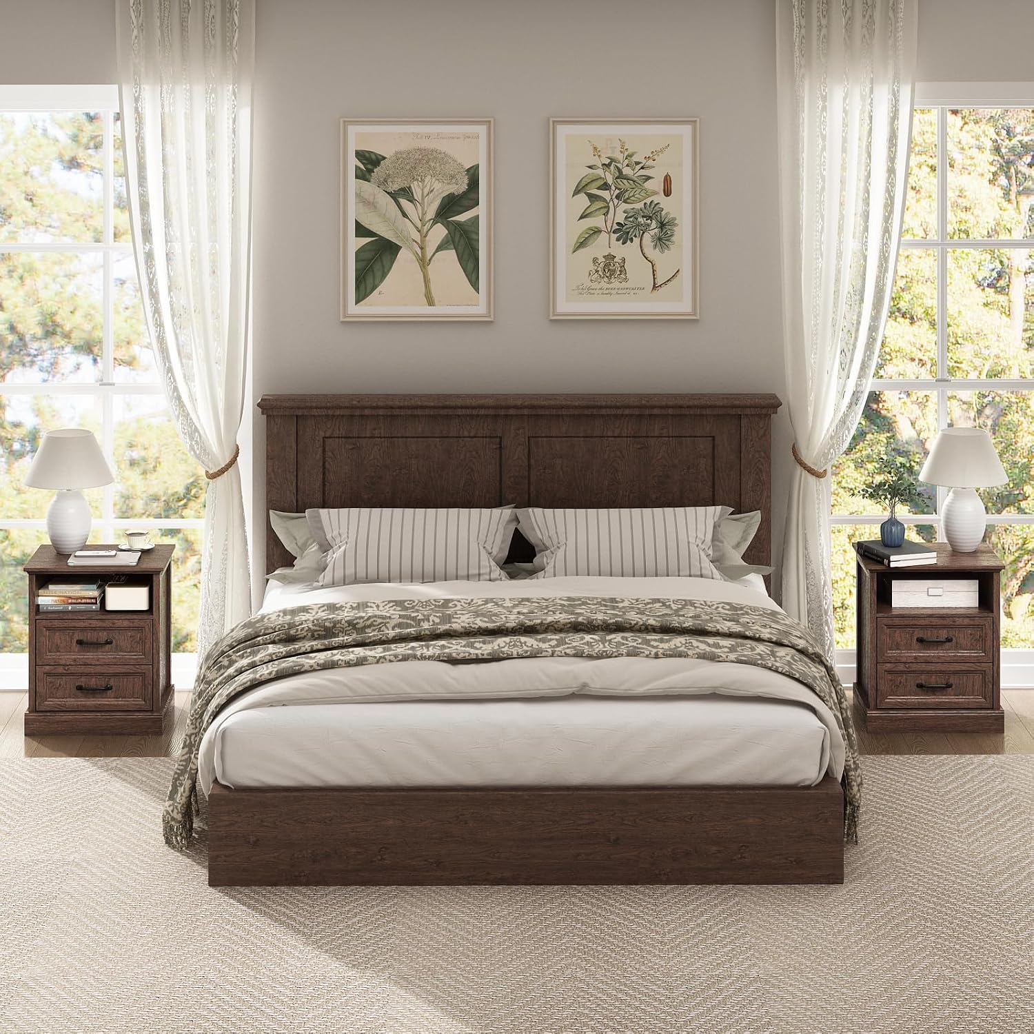 CARPETNAL Farmhouse Dresser and Nightstand Sets for Bedroom, 3 Pcs Bedroom Set, 7 Drawer Dresser & Nightstand Set of 2, Modern Wood Chest of Drawers for Bedroom, Living Room, Entryway, Brown