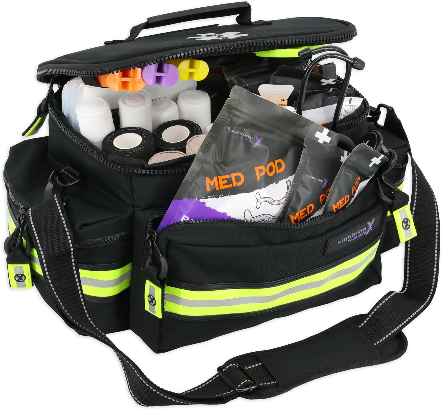 Lightning X Mid-Sized First Responder EMT Bag | LXMB25 | Fully Stocked w/ 248+ First Aid Supplies + Trauma Pak w/C.A.T. Tourniquet & QuikClot - Black