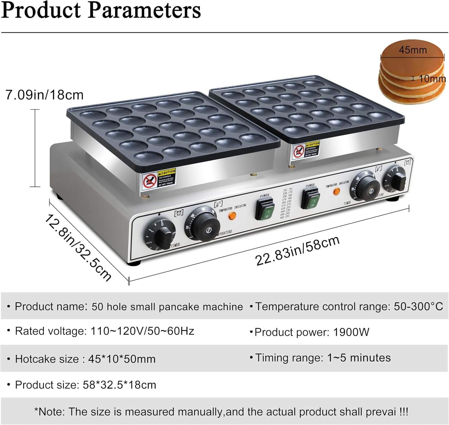 1900W Commercial 50PCS Mini Dutch Pancake Maker 110V, Dual-Zone Heating with Temp & Timer Control, Non-Stick Easy-Clean Teflon Plates, Heavy-Duty Stainless Steel Body for Home & Restaurant Use