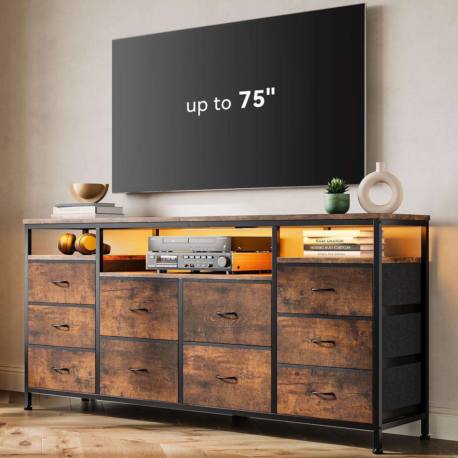 63.3 in Dresser for Bedroom, 10 Drawer Dresser TV Stand for 65 70 75 in TV, Fabric Chest of Drawers with LED Lights & Power Outlets, Long Entertainment Center for Closet, Living Room, Entryway