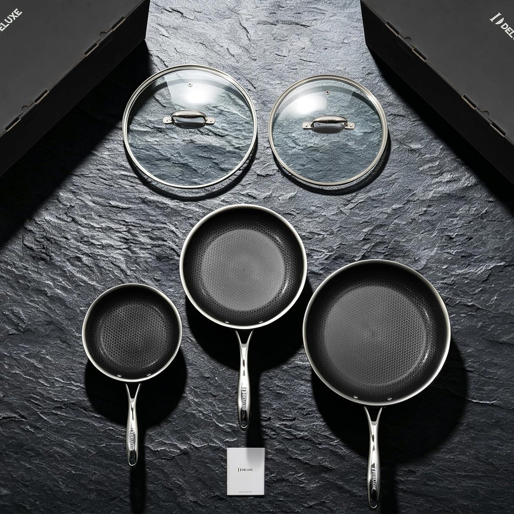 Deluxe 13 Piece Hybrid Ceramic Nonstick Stainless Steel Cookware Set-5 Piece Frying Pan Set, 6 PC Pot Set, 3.7QT Deep Sauté Pan&Lid, Induction Ready, Stay Cool, PFOA Free Compatible with All Cooktops