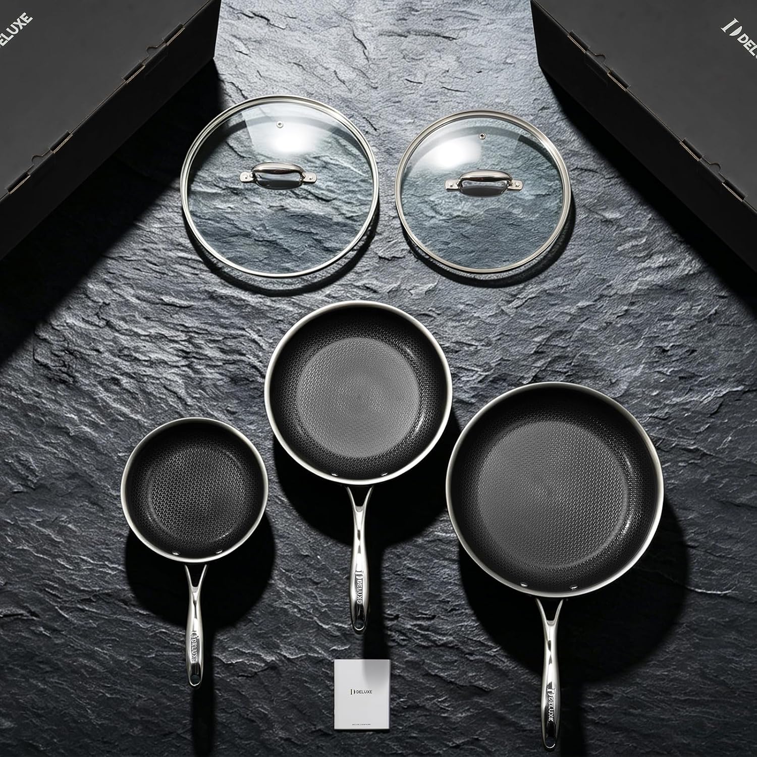 Deluxe 13 Piece Hybrid Ceramic Nonstick Stainless Steel Cookware Set-5 Piece Frying Pan Set, 6 PC Pot Set, 3.7QT Deep Sauté Pan&Lid, Induction Ready, Stay Cool, PFOA Free Compatible with All Cooktops