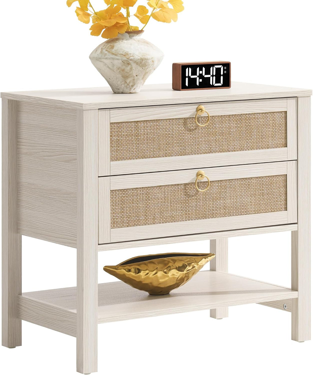 SICOTAS 26.7' Wide Boho Rattan Nightstand, White Oak Bedside Table with 2 Drawers & Open Shelf, Large Side Table for King Size Bed, Modern Coastal Accent Table for Bedroom