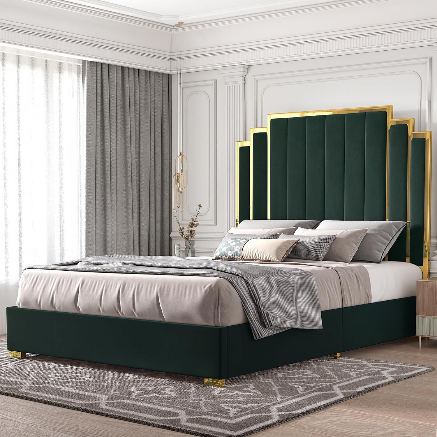 HOWE King Size Bed Frame and 65' Headboard, Upholstered Bed with Golden Plating Trim, Modern Platform Bed No Box Spring Needed, Green