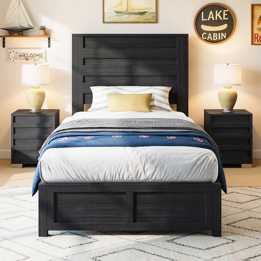 AMERLIFE Farmhouse Twin Bed Frame with 49' Fluted Headboard, Platform Bed with Natural Wood Grain Finish, Noise Free, No Box Spring Needed, Black