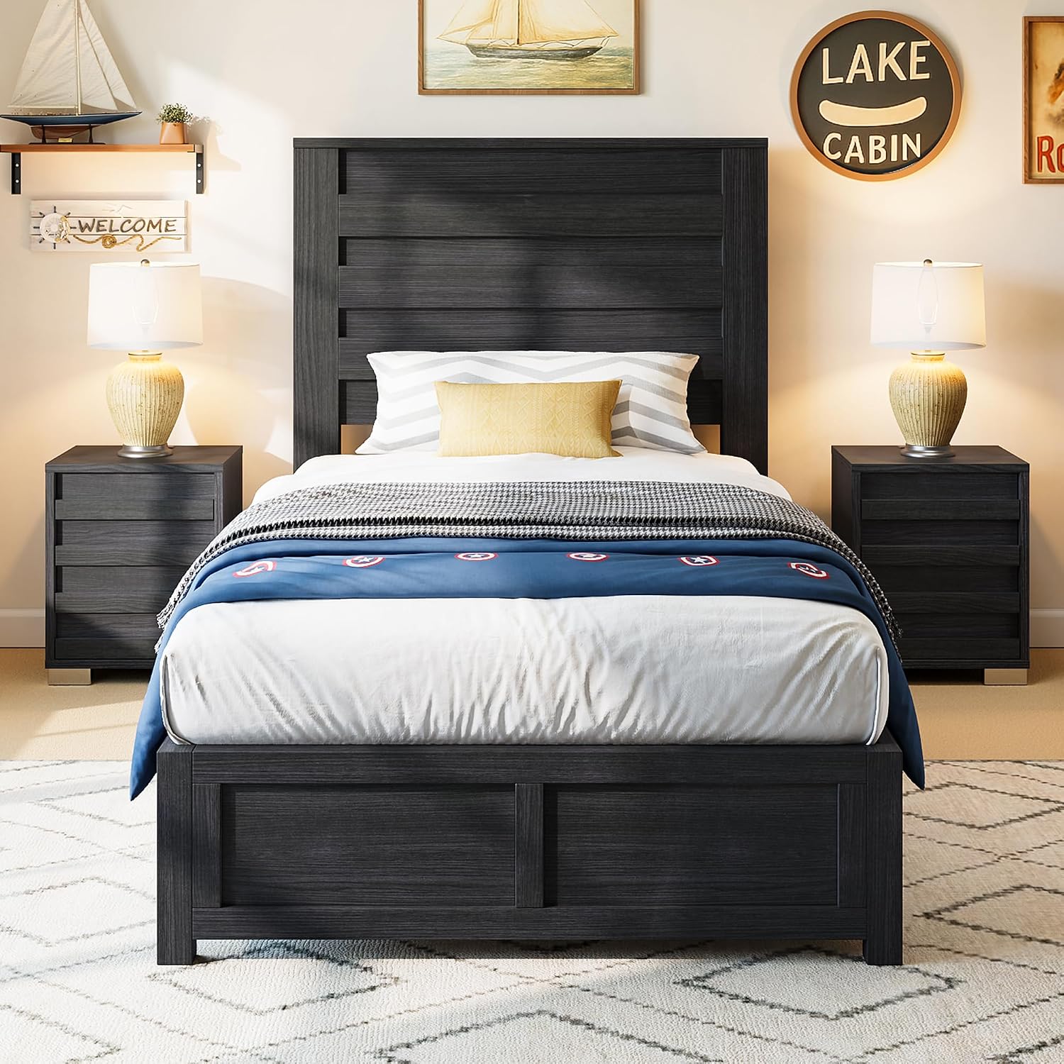 AMERLIFE Farmhouse Twin Bed Frame with 49' Fluted Headboard, Platform Bed with Natural Wood Grain Finish, Noise Free, No Box Spring Needed, Black