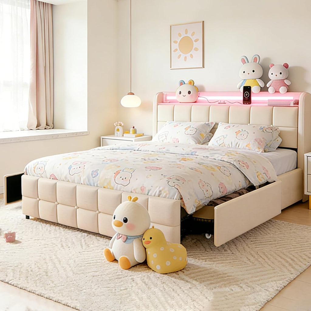 Juego 3 in 1 Full Bed Frame with RGB LED Light, Socket & USB & Type-C Charging Station,4 Drawers, Wooden Slats, Upholstered Bed, Noise-Free, No Box Spring Needed (Beige, Full)